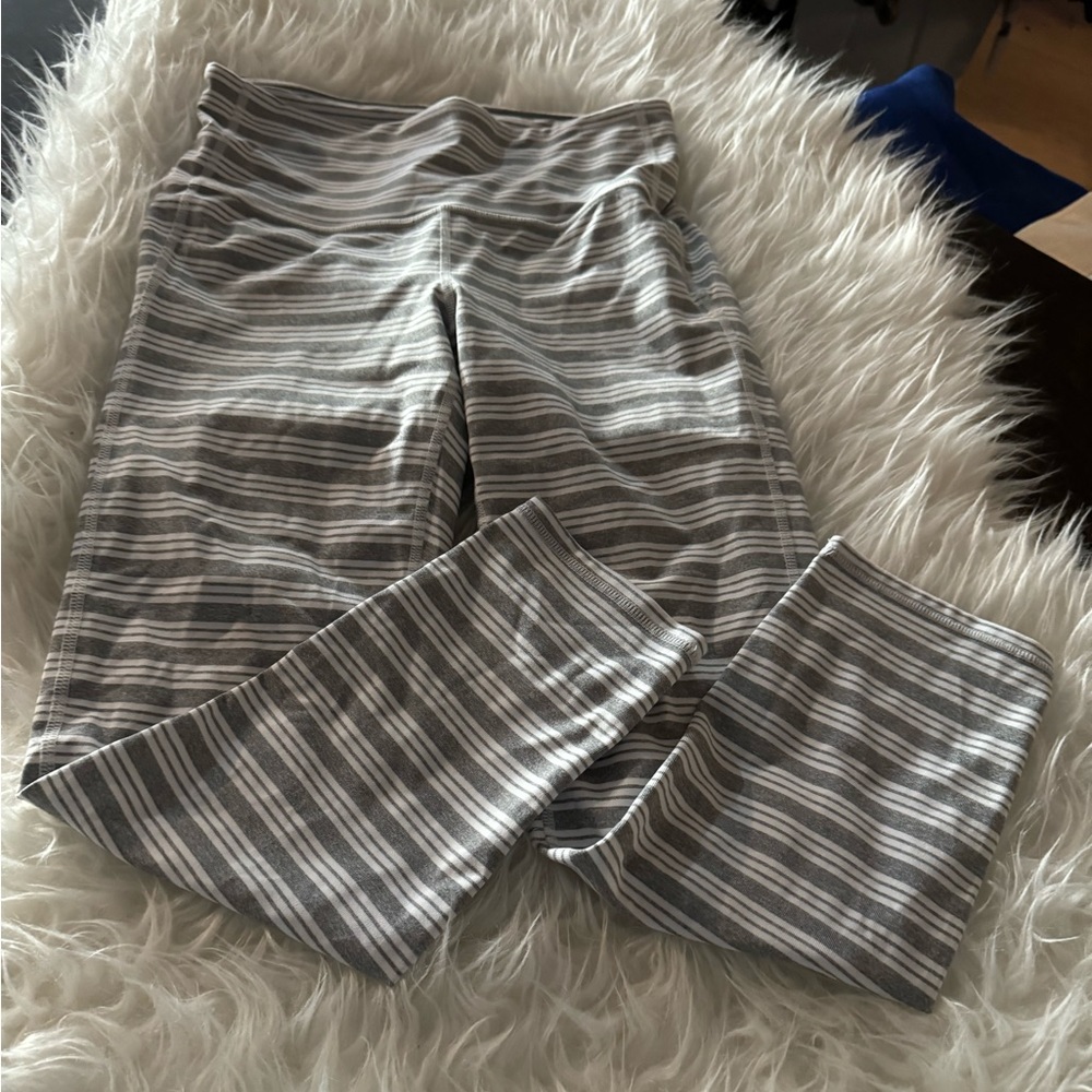Gray and white striped Athleta yoga pants